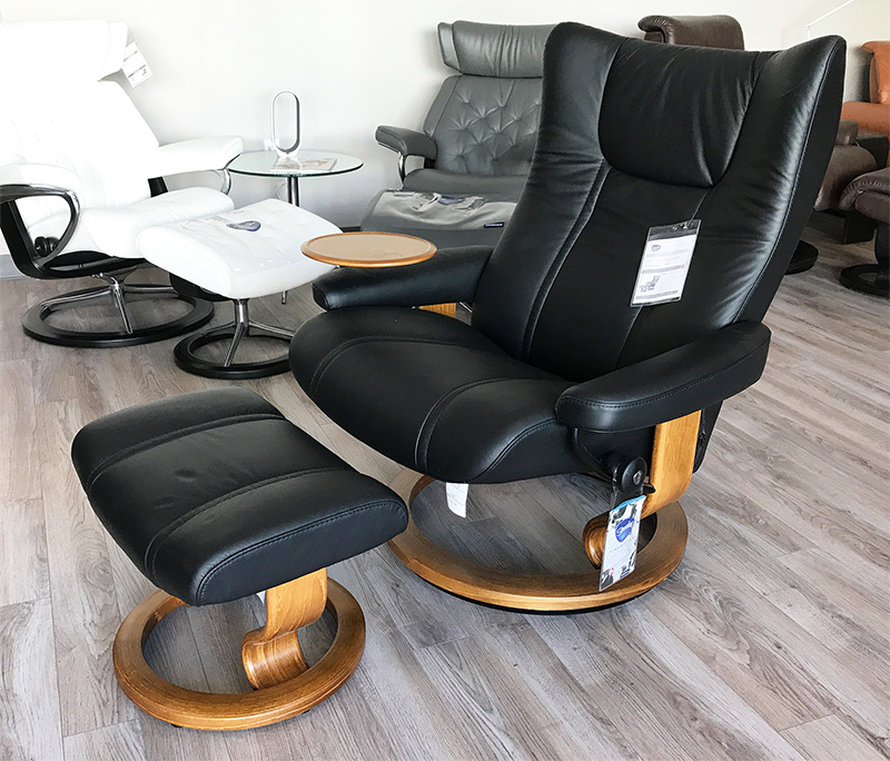 Stressless Wing Recliner Chair and Ottoman in Paloma Black Leather