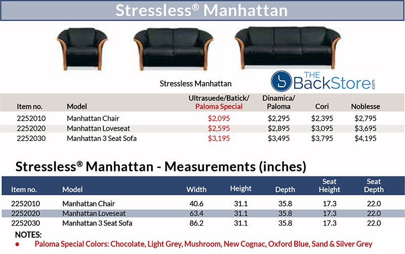 Stressless Manhattan Sofa, Loveseat and Chair Pricing and Dimensions