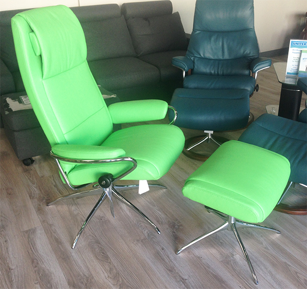 Stressless Paris Paloma Summer Green Leather Recliner Chair and Ottoman