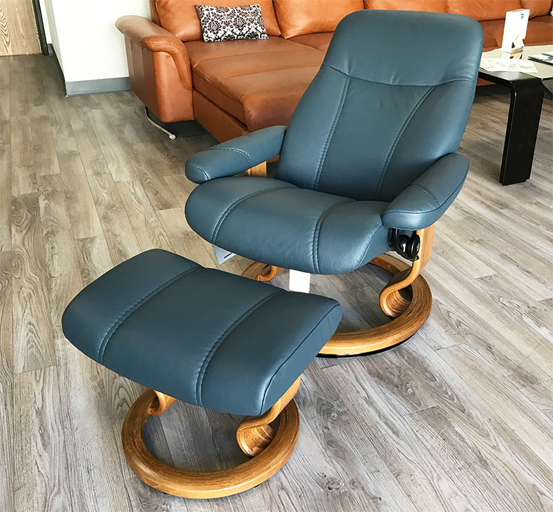 Stressless Consul Recliner Chair and Ottoman Batick Atlantic Blue Leather by Ekornes