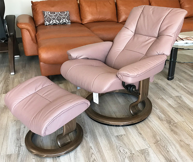 Stressless Mayfair Paloma Dusty Rose Leather Recliner Chair and Ottoman by Ekornes