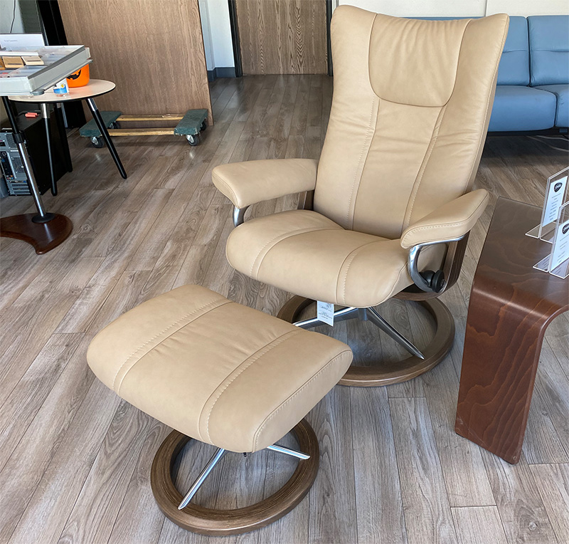 Stressless Wing Signature Polished Aluminum Base Recliner Chair and Ottoman in Paloma Sand Leather with Light Walnut Wood Base