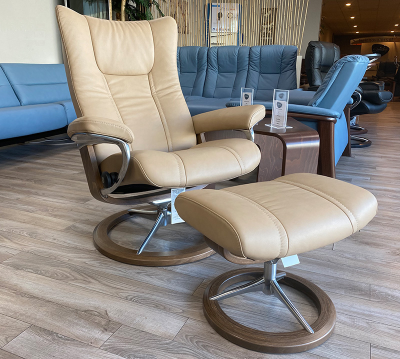 Stressless Wing Signature Polished Aluminum Base Recliner Chair and Ottoman in Paloma Sand Leather with Light Walnut Wood Base