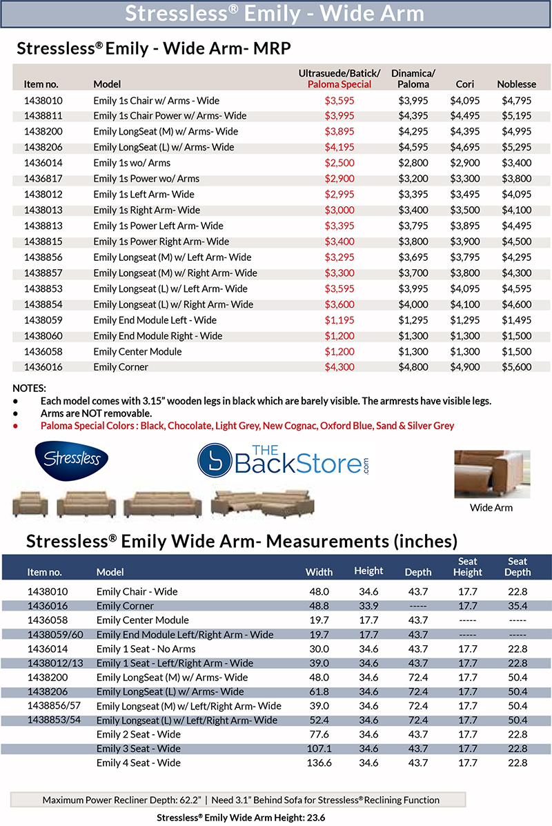 Stressless Emily Wide Arm Chair, Loveseat, Sofa, Sectional Dimensions