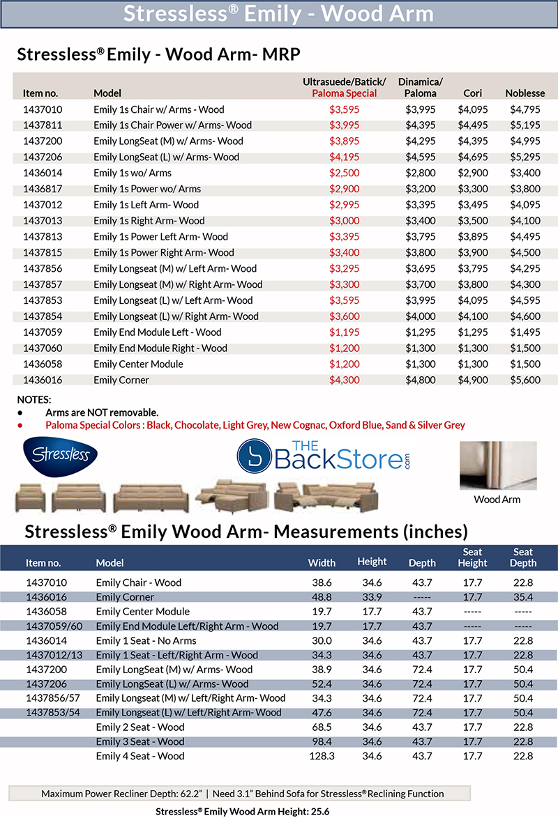 Stressless Emily Wood Arm Chair, Loveseat, Sofa, Sectional Dimensions