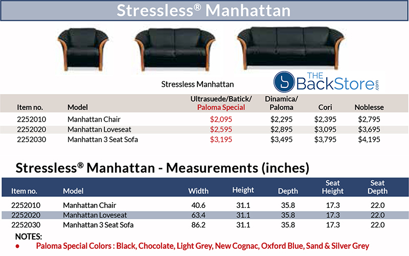 Stressless Manhattan Sofa, Loveseat and Chair Pricing and Dimensions