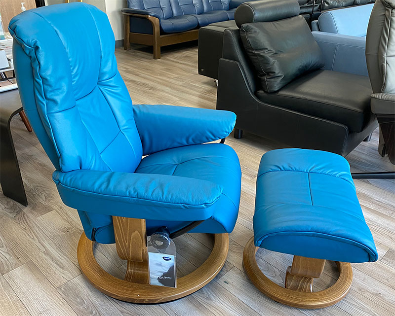 Stressless Mayfair Classic Base Paloma Crystal Blue Leather Recliner Chair and Ottoman by Ekornes