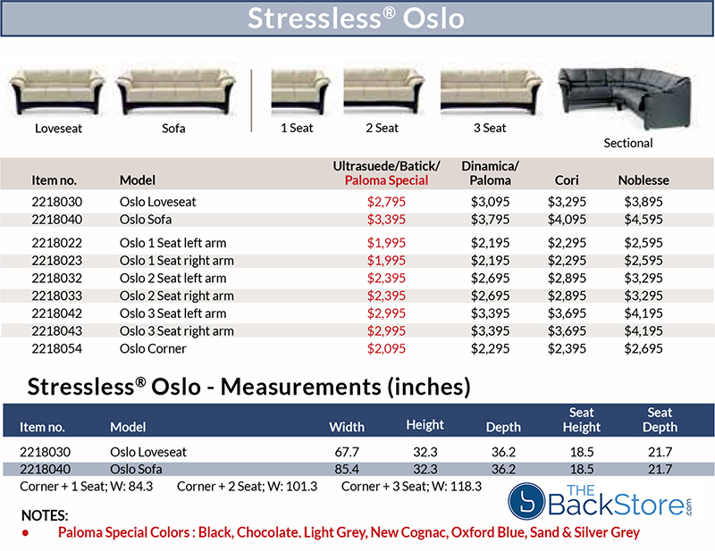 Stressless Oslo Sofa and Loveseat Pricing and Measurements