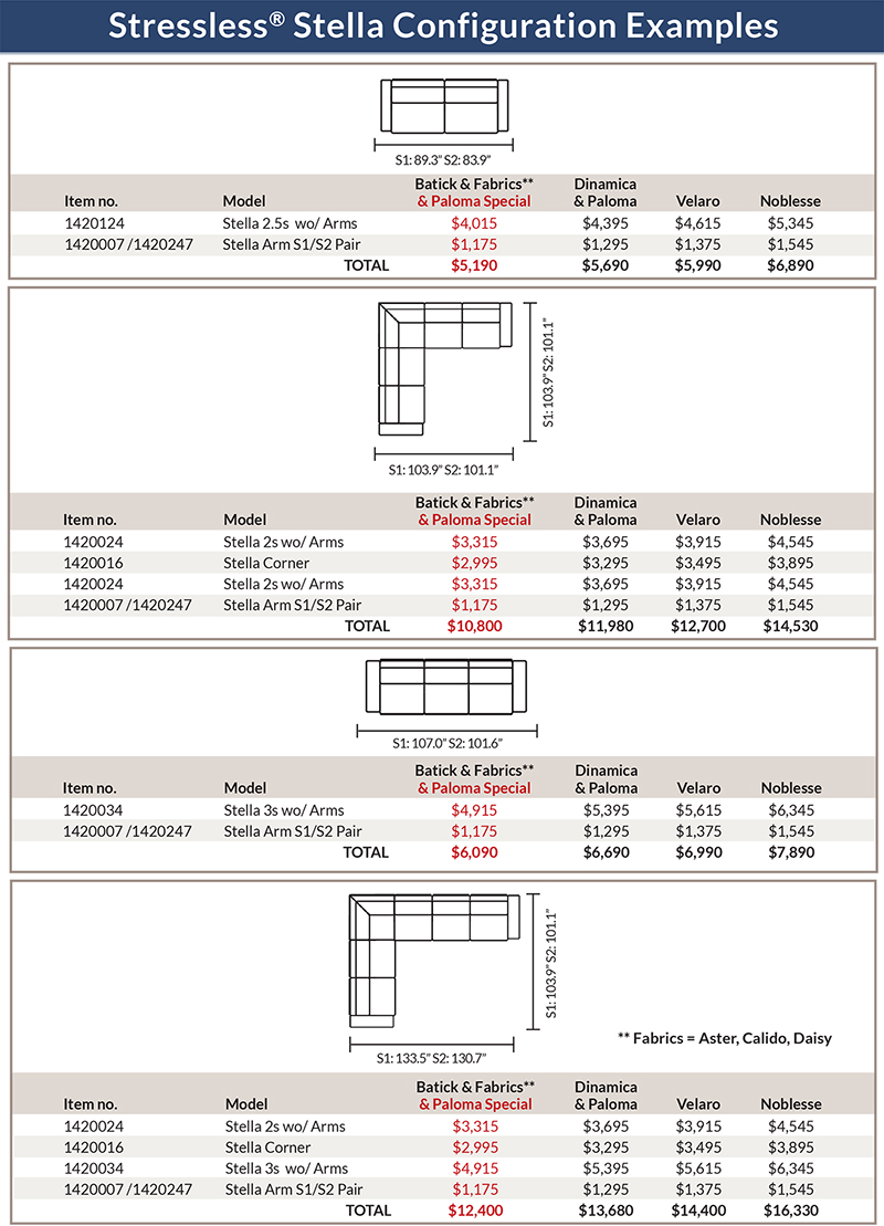 Stressless Stella Sofa, Loveseat and Sectional with wood Accent Arms Product Dimensions