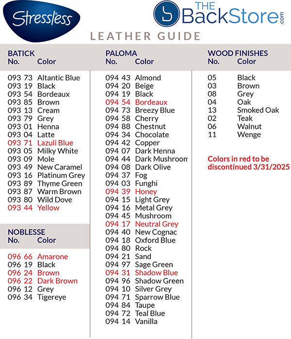 Current Stressless Leather Grade and Color Guide