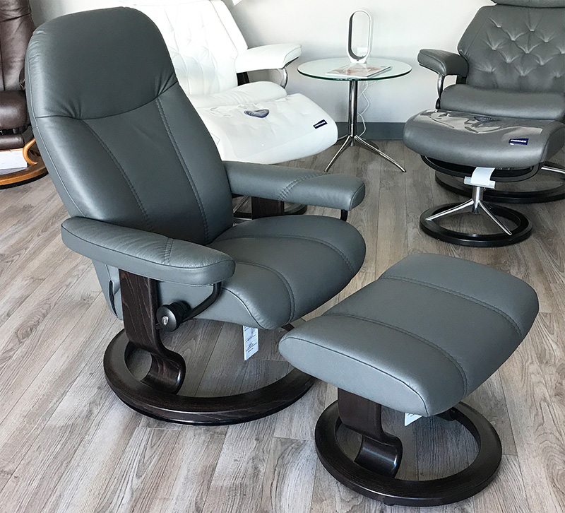 Stressless Consul Recliner Chair and Ottoman Batick Grey Leather by Ekornes