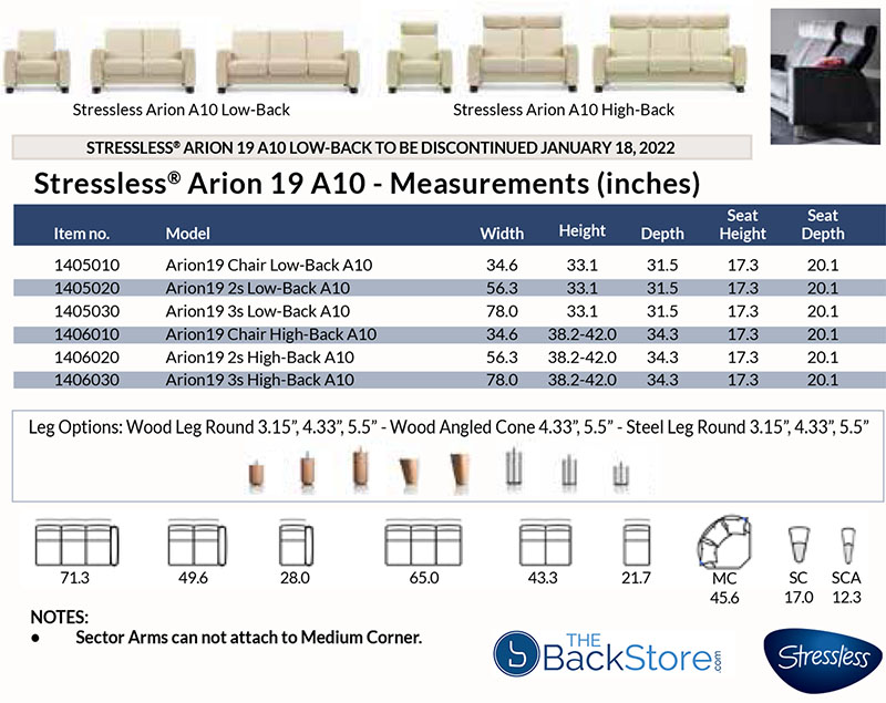 Stressless® Arion 19 A10 Sofa and Loveseat Dimensions by Ekornes