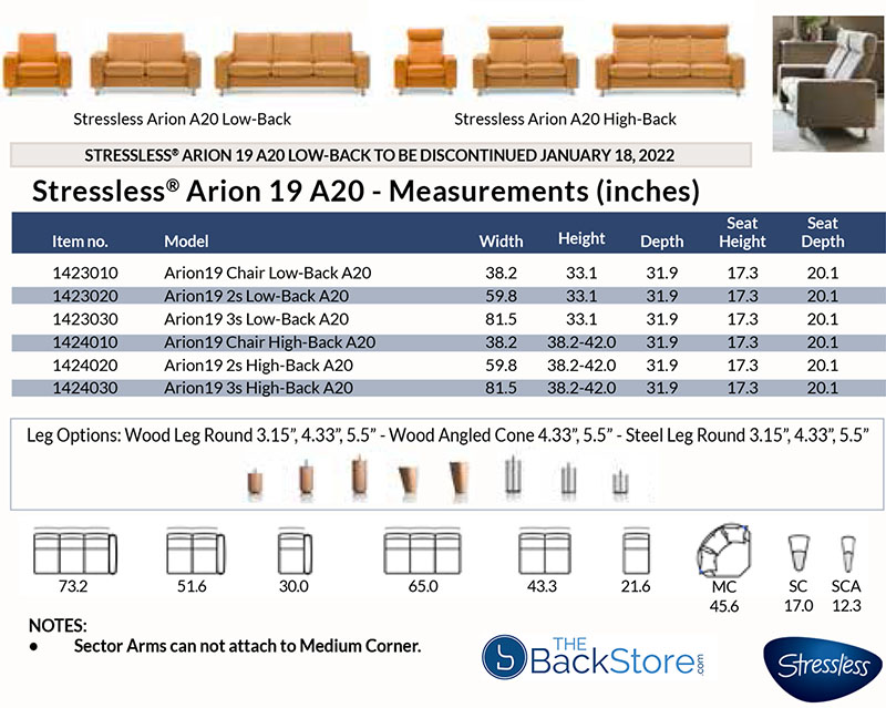 Stressless® Arion 19 A20 Sofa and Loveseat Dimensions by Ekornes