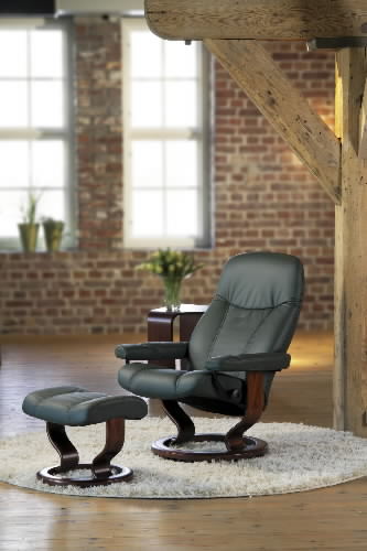 Stressless Ambassador Green Batick Leather Recliner and Ottoman by Ekornes